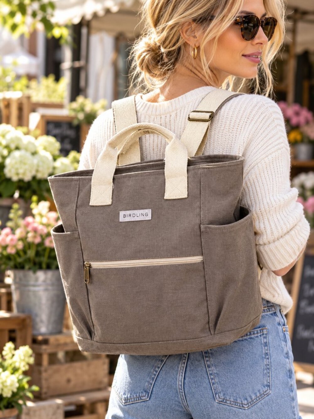Birdling Convertible Canvas Tote Backpack Diaper Bag Taupe Gray Cream Straps